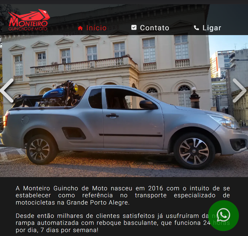 Website desenvolvido para Monteiro Mototransporte 100% responsivo, com barra de menus fixa, capa acima do menu que desaparece quando o usuário desce a tela e também amigável para leitores de tela.